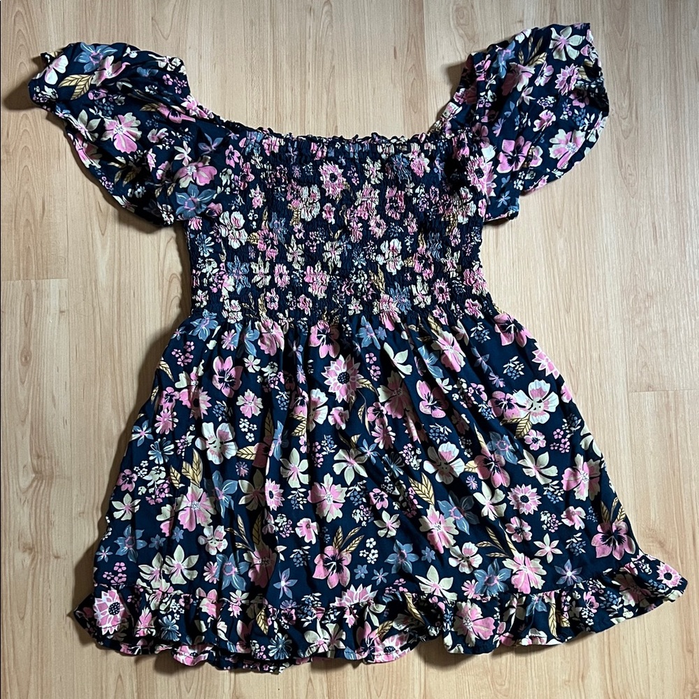 Tiare Hawaii Navy Floral Smocked Mini Dress with Pink & Cream Blooms